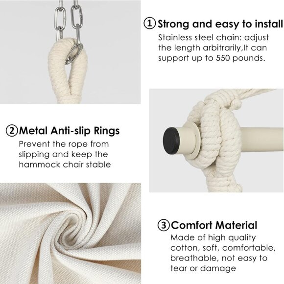 NWT Y-STOP Macrame Hammock Chair Beige, 2 Cushions Included - Picture 5 of 8